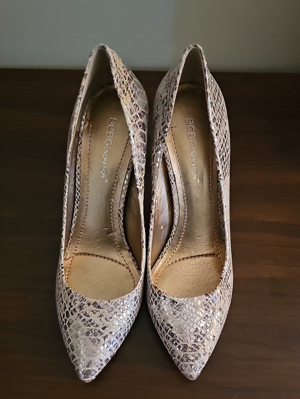 BCBG Snakeskin Pointed-Toe Pumps in Taupe